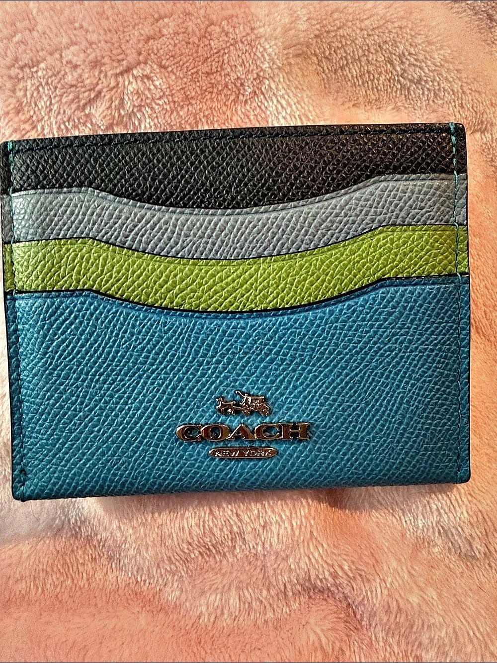 COACH Colorblock Crossgrain Leather Card Case Blue & Green EUC